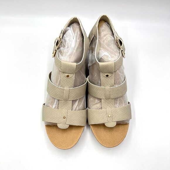 9.5W 9.5 WIDE WIDTH Dr Scholls Beige Oatmeal Snakeskin Wedges Sandals Shoes - Picture 3 of 15